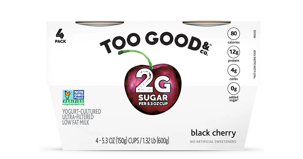 Try our Too Good & Co.™ Black Cherry yogurt-cultured ultra-filtered low fat milk with less sugar 4-pack. 
