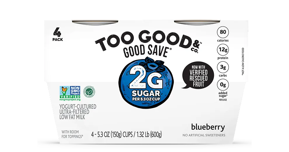 Try our Too Good & Co.™ GOOD SAVE™ Blueberry yogurt-cultured ultra-filtered low fat milk with less sugar 4-pack.