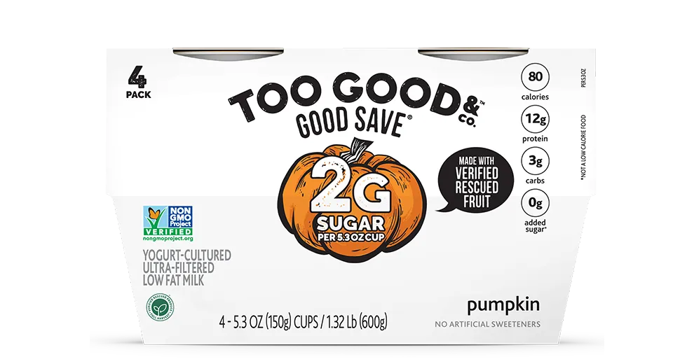 Try our Too Good & Co.™ GOOD SAVE™ Pumpkin yogurt-cultured ultra-filtered low fat milk with less sugar 4-pack.