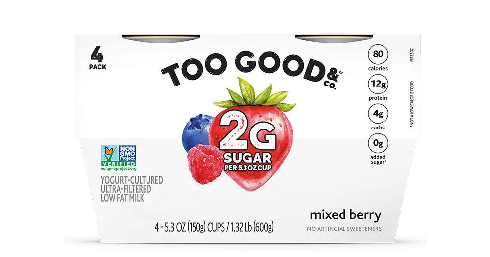 Try our Too Good & Co.™ Mixed Berry yogurt-cultured ultra-filtered low fat milk with less sugar 4-pack. 