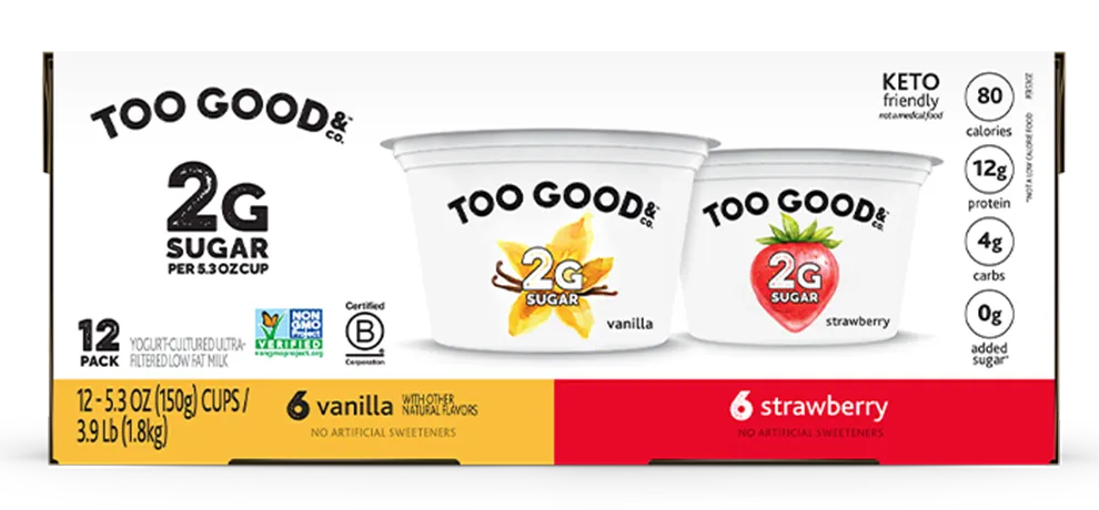 Try our Too Good & Co.™ Strawberry & Vanilla yogurt-cultured ultra-filtered low fat milk with with less sugar 12-pack.