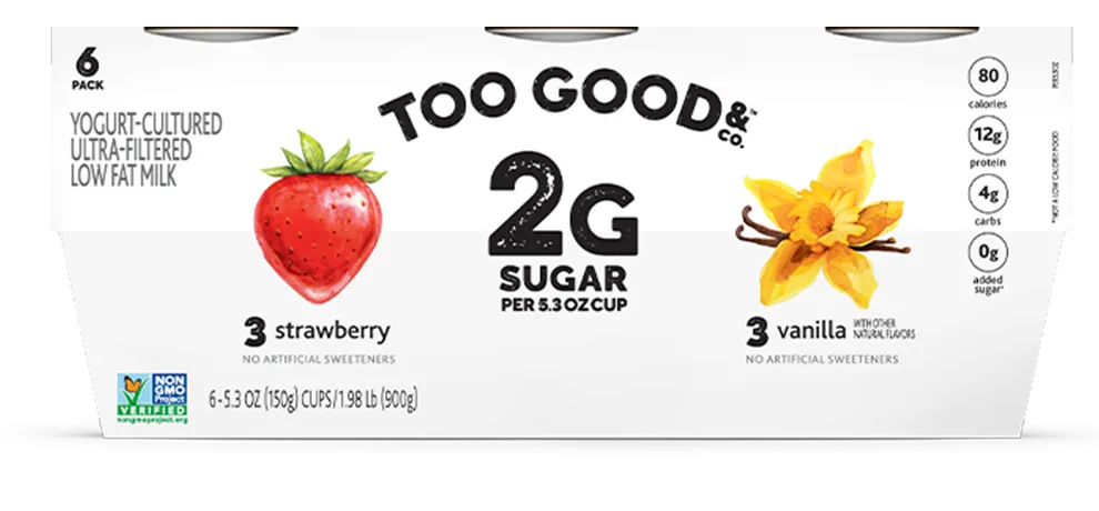Try our Too Good & Co.™ Strawberry & Vanilla yogurt-cultured ultra-filtered low fat milk with less sugar 6-pack.