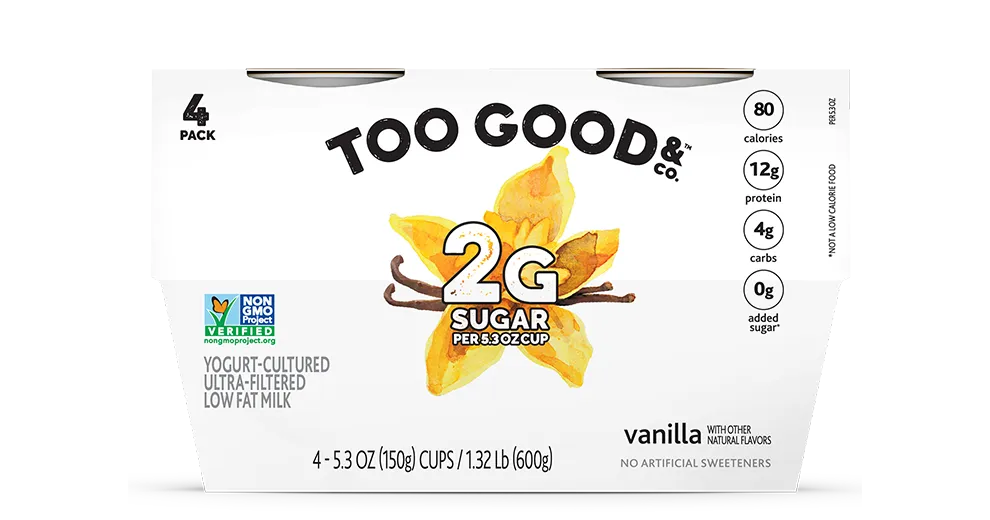 Try our Too Good & Co.™ Vanilla yogurt-cultured ultra-filtered low fat milk with less sugar 4-pack. 