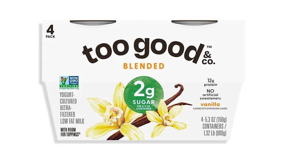 Too Good & Co Vanilla Yogurt-Cultured Ultra-Filtered Low-Fat Milk Blended Cup 4-Pack